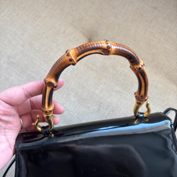 Susan Gail Vintage 1960s Black Patent Leather Bamboo Handle Purse - Picture 4 of 12